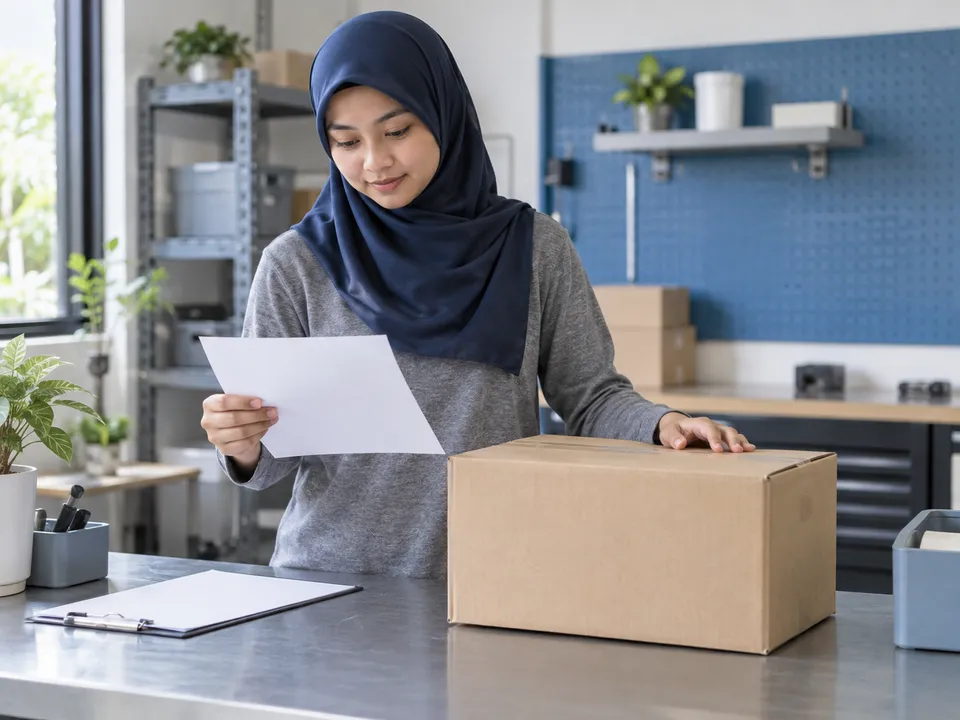 Illustration: Female customer views a blank card with a hand resting on a closed carton. Not operational evidence.