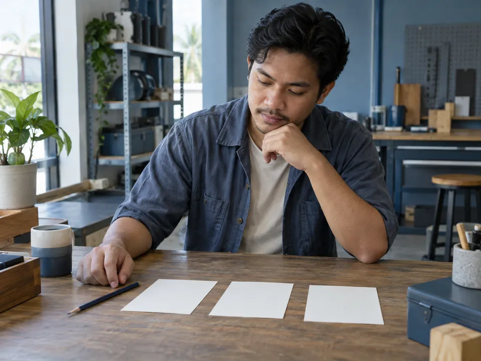 Illustration: Male customer views three blank cards and a pencil on a workbench. Not operational evidence.