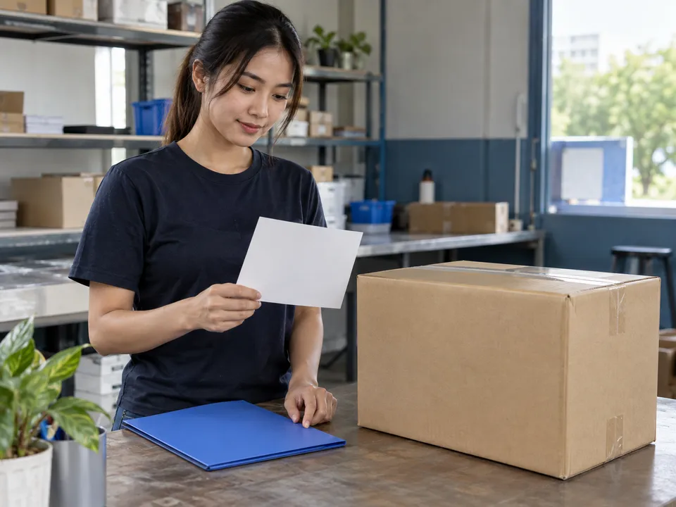 Illustration: Female customer reviews blank paper beside a blue folder and carton. Not operational evidence.